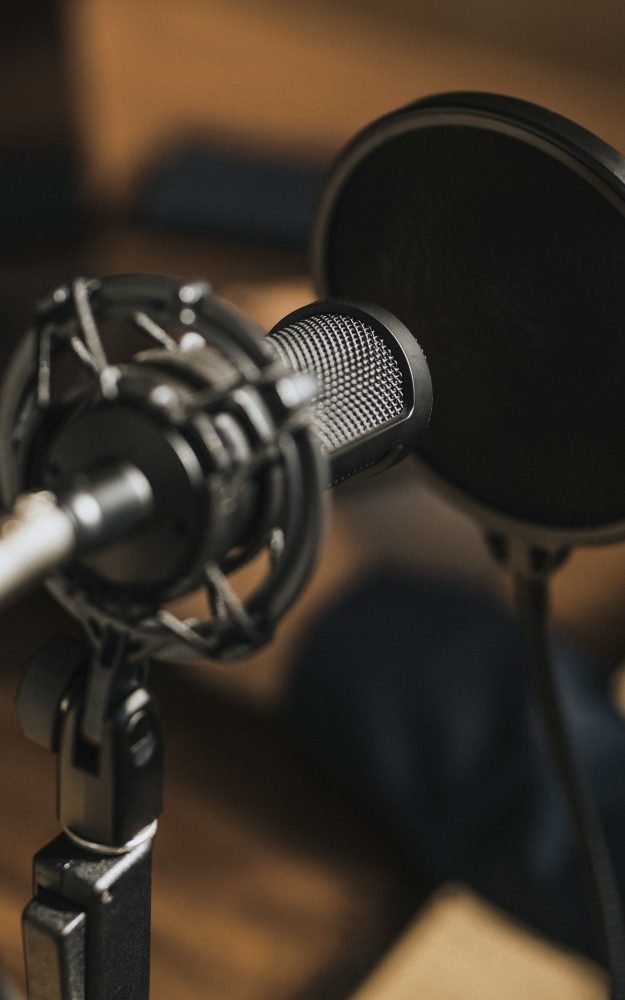 Professional condenser microphone with a pop filter in a studio