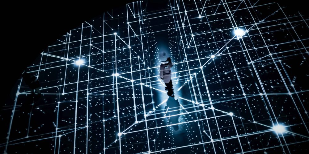 High angle view of a girl standing on virtual grid pattern image